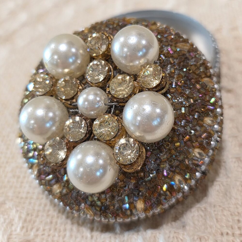 Vintage Silver Bead Pearl & Rhinestone Encrusted Metal Trinket Gift Vanity Box